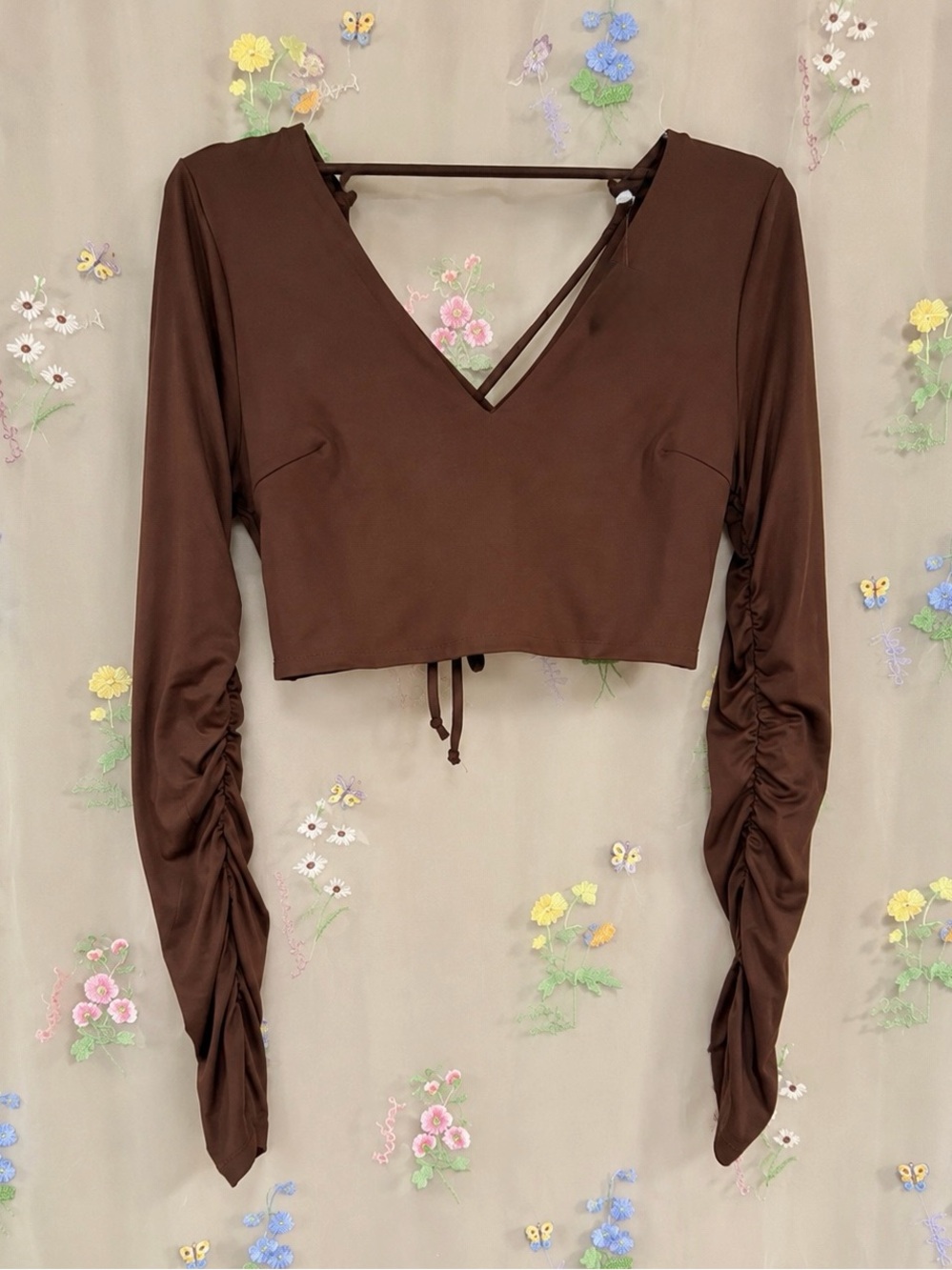 Love J Brown Ruched Drawstring Crop Top Criss Cross Long Sleeve SIZE Large